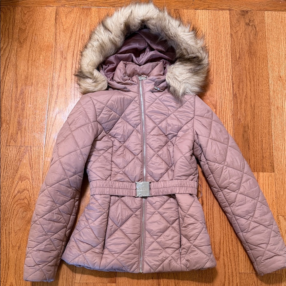 Guess Quilted Puffer Jacket with Faux Fur Hood - Mauve
